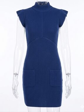Love Moschino Navy Blue Ribbed Knit Mock Neck Mini Dress